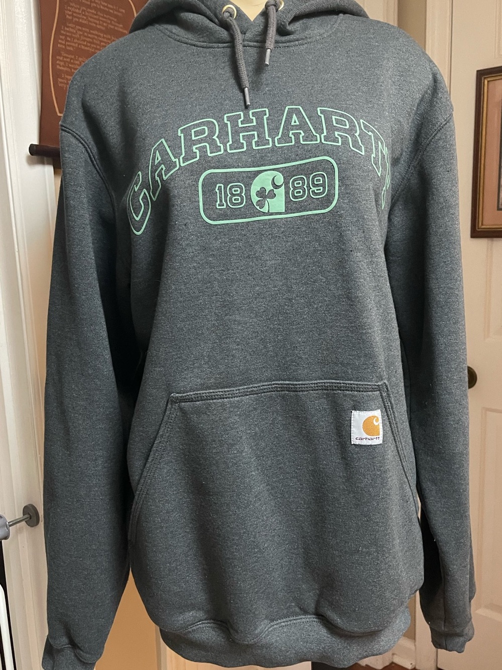 Carhartt Men's Dark Gray Crewneck Hoodie with Mint Green Logo NWOT